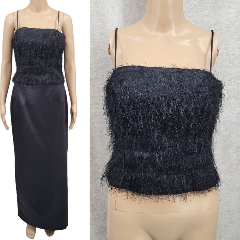 Morgan and Co. Y2K Formal Dress Black Eyelash Fringe Top Satin Skirt Prom